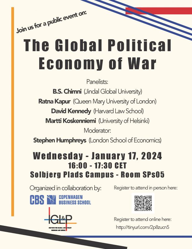This image shows a flyer for a public event titled "The Global Political Economy of War" with details about panelists, the date, time, location, and registration QR code.